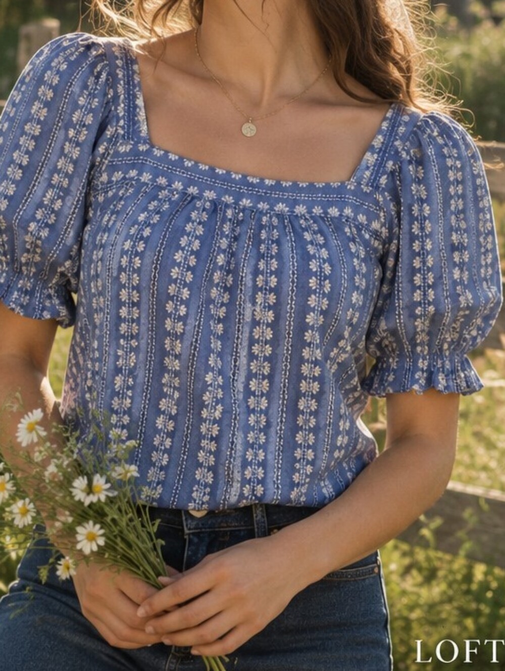 LOFT Blue Floral Square Neck Puff Sleeve Blouse Size S Cottagecore